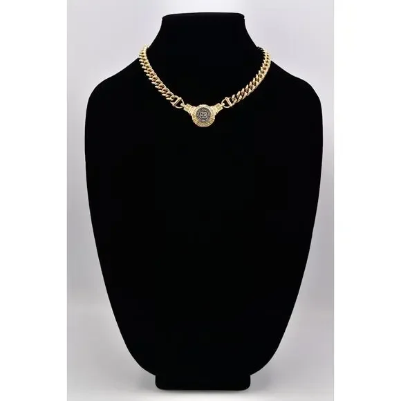 Givenchy Vintage Coin Medallion Collar Necklace Chunky Curb Gold Signed BinBM - Picture 3 of 12